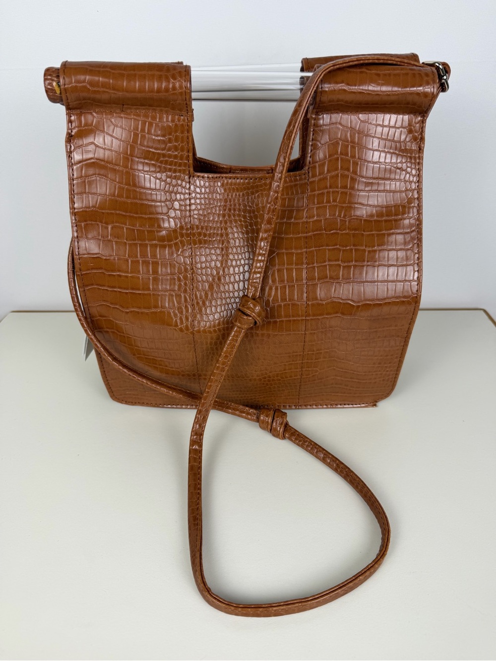 NWT BÉIS The Crossbody Cognac Croc Brown Faux Leather Travel Bag